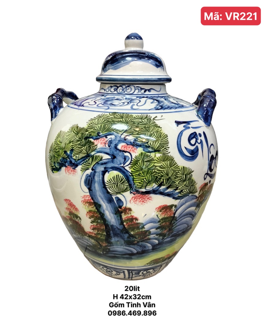 Bình ngâm rượu 20 lit, mã VR221, trắng xanh lam, hoa văn màu, gốm Bát Tràng, Tinh Vân