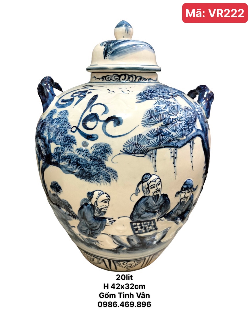 Bình ngâm rượu 20 lit, mã VR222, trắng xanh lam, hoa văn nổi 3D, gốm Bát Tràng, Tinh Vân