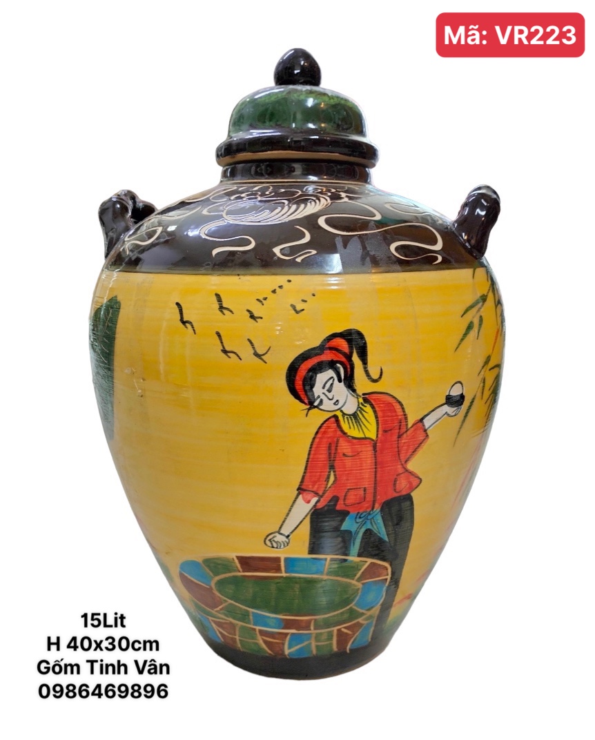 Chum ngâm rượu 15 lit, mã VR223, cô tấm vàng, gốm Bát Tràng Tinh Vân