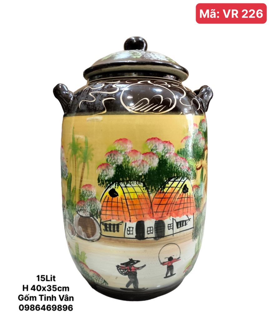 Bình ngâm rượu dáng bí, mã VR226, 15 lit, men vàng đồng quê, gốm Bát Tràng, Tinh Vân