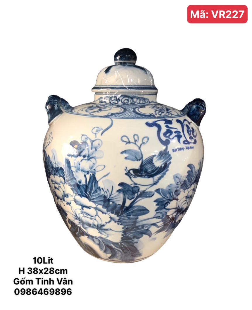 Chum sành, vò rượu 10 lit, mã VR227, trắng chim hoa xanh lam, gốm Bát Tràng, Tinh Vân
