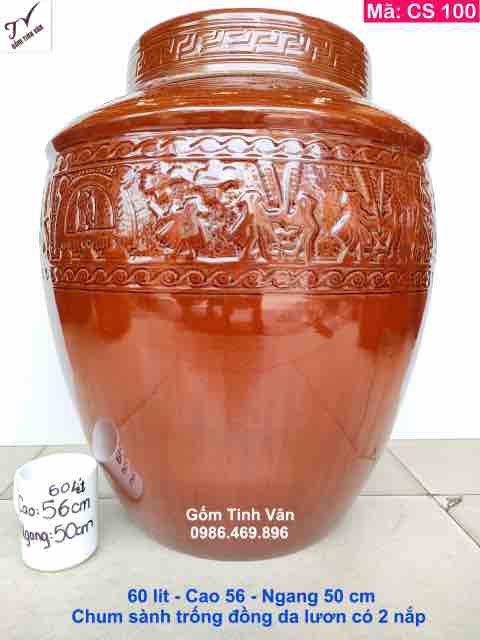 Chum trống đồng Đông Sơn Âu Lạc men da lươn, mã CS100, dung tích 60 lit, có 2 nắp, cao 56 ngang 50 cm, hoa văn chạm khắc nổi, gốm sứ bát tràng tinh vân