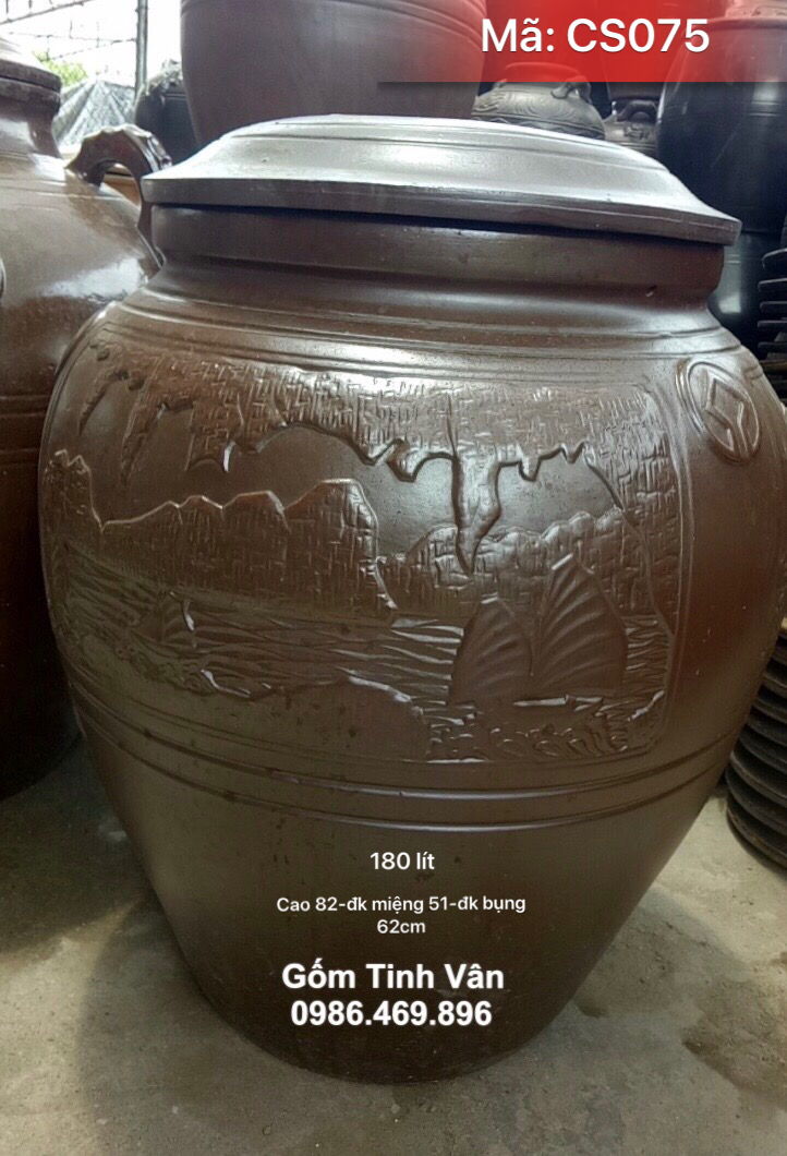 Chum sành ngâm rượu miệng rộng 180 lit, mã CS075, cao 82, đk miệng 51, đk bụng 62 cm, làm mắm, lu nước sân vườn, gốm bát tràng tinh vân