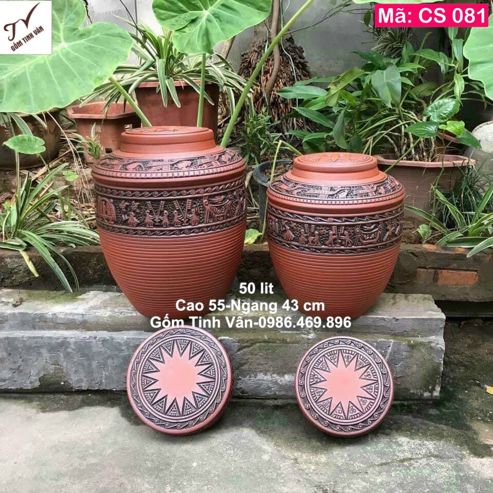 Chum sành trống đồng 50 lit, mã CS081, cao 55 đường kính 42 cm, chum đông sơn âu lạc, hoa văn khắc tay thủ công tinh xảo, 2 nắp kín bình, ngâm rượu ngon, khử độc, bình rượu trống đồng bát tràng