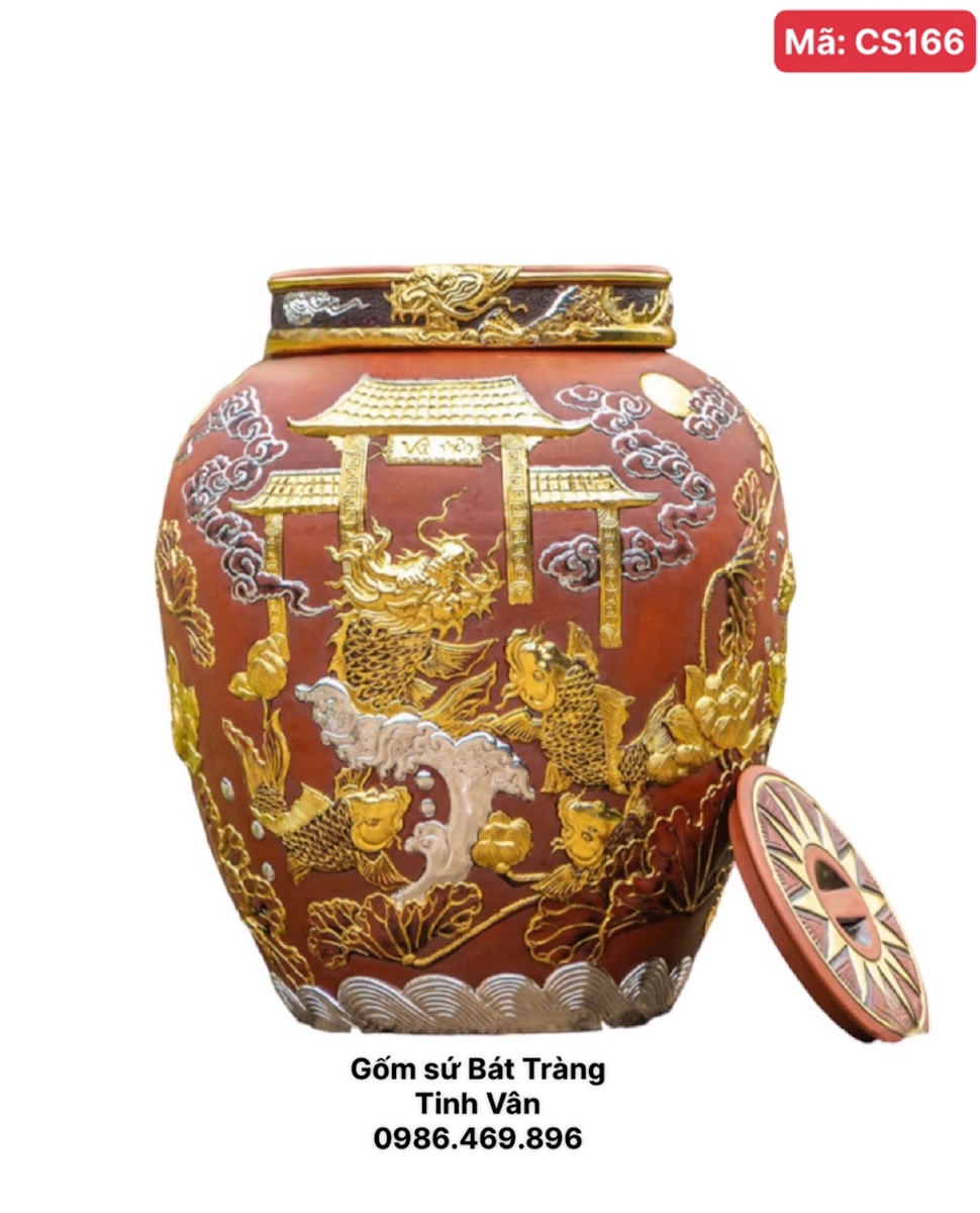 Chum sành đắp nổi dát vàng cá chép vượt vũ môn 100l mã CS166