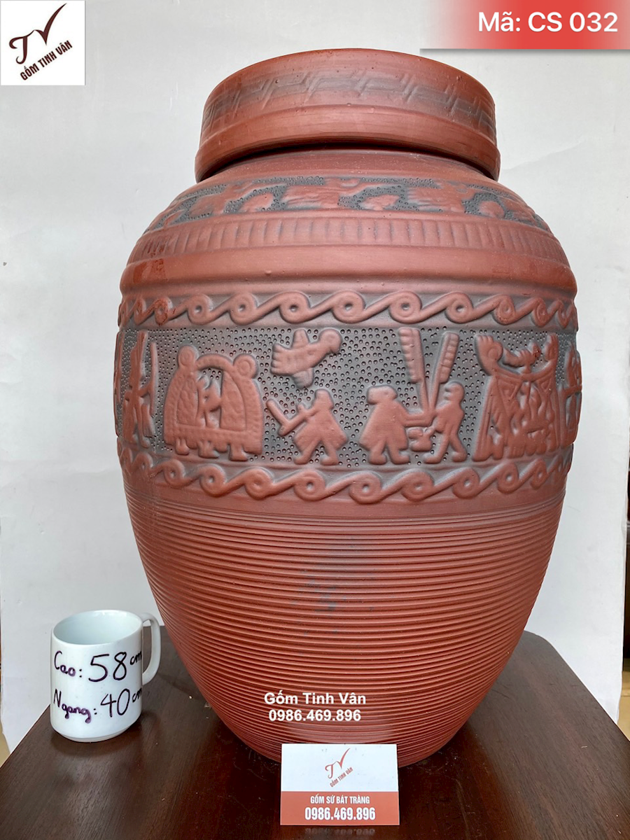 Chum sành chạm khắc nổi, mã cs032, hoa văn trống đồng lạc việt, gốm bát tràng, tinh vân, dung tích 50 lit