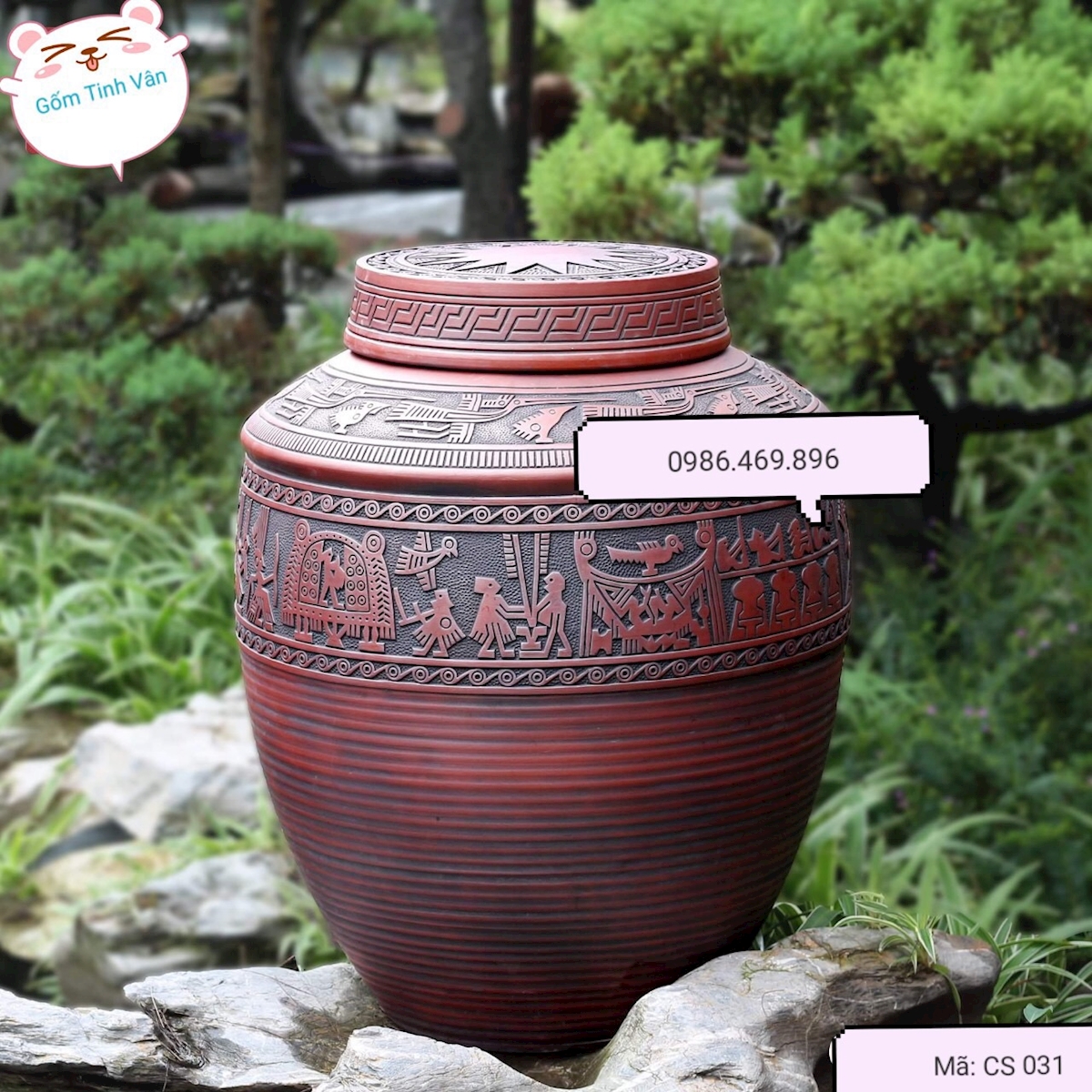 Chum sành chạm nổi, gốm lạc việt, mã CS031, hoạ tiết trống đồng, dung tích 10 lit, gốm bát tràng, tinh vân