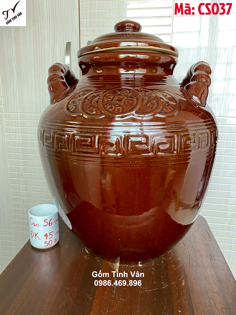 Chum sành da lươn 50lit, mã CS037, gốm bát tràng, tinh vân, bình gốm ngâm rượu ngon, bền đẹp, hoa văn đồng tiền đắp nổi 3D, có 2 quai xách
