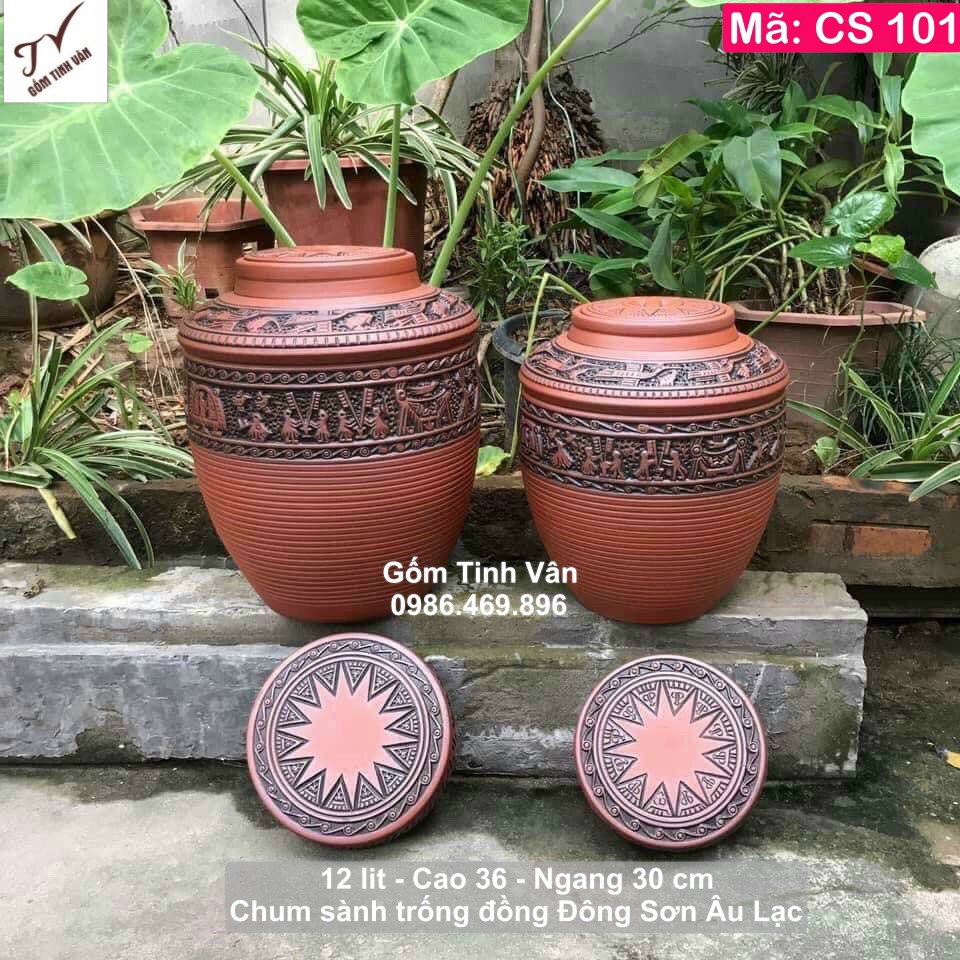 Chum sành trống đồng đông sơn âu lạc 12 lit, mã CS101, cao 33 ngang 30 cm, hoa văn chạm khắc nổi, bình ngâm rượu đẹp, gốm sứ bát tràng tinh vân
