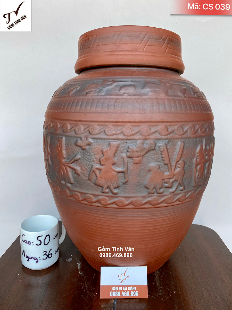 Chum sành trống đồng, 30 lít, mã CS 039, gốm lạc việt, hoa văn chạm khắc nổi, bát tràng tinh vân