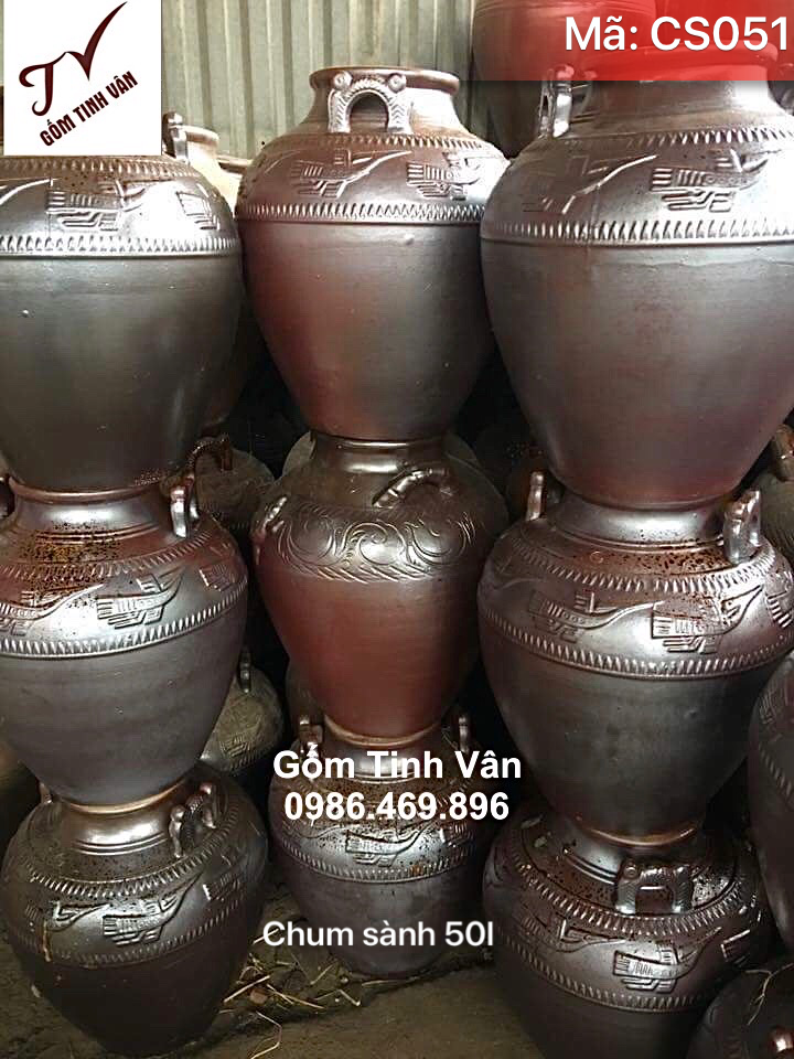 Chum sành xịn ngâm rượu ngon, mã CS051, dung tích 50 lit, viền chim hạc, hoa văn trống đồng âu lạc, bình ngâm rượu ngon, dày dặn, bền đẹp, khử andehit, khử độc tố, làm mát rượu, có thể hạ thổ lâu năm, gốm bát tràng tinh vân