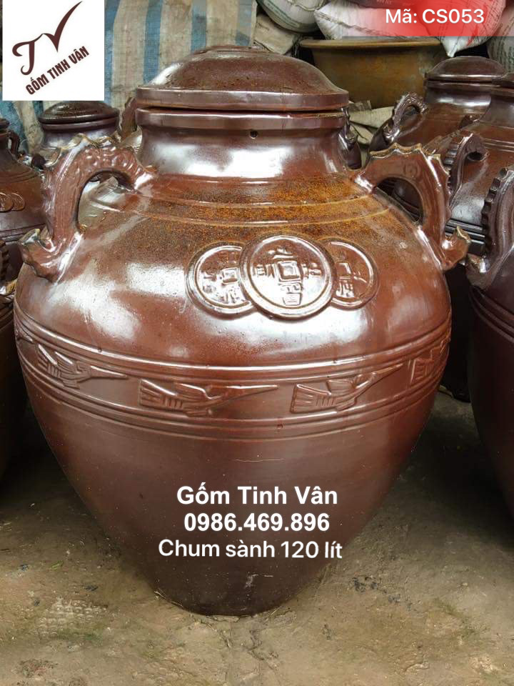Chum sành xịn ngâm rượu ngon, mã CS053, dung tích 120 lit, viền chim hạc, hoa văn trống đồng âu lạc, bình ngâm rượu ngon, dày dặn, bền đẹp, khử andehit, khử độc tố, làm mát rượu, có thể hạ thổ lâu năm, gốm bát tràng tinh vân