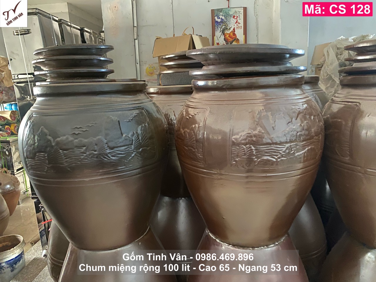 Chum sành miệng rộng 100 lit, mã CS128, cao 65, đk 45 cm, lu nước, bình ngâm rượu, làm mắm, lu nướng, gốm bát tràng tinh vân