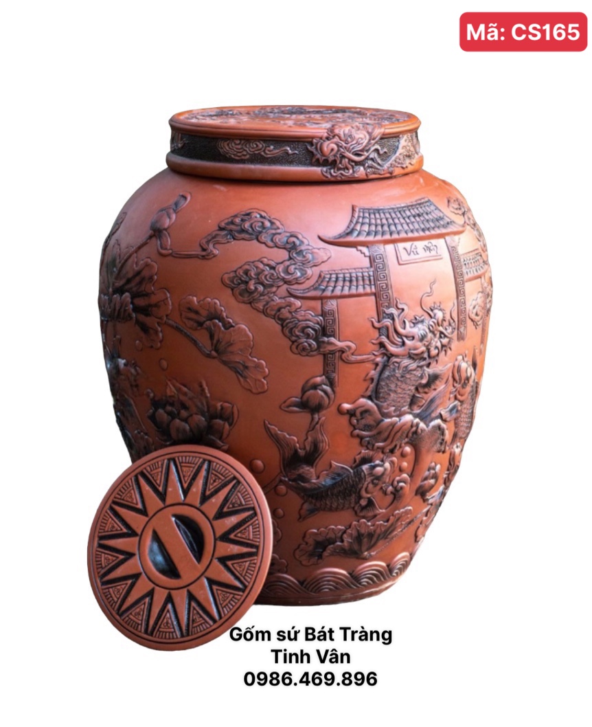 Chum sành, mã CS165, họa tiết cá chép vượt vũ môn đắp nổi 100l, gốm tử sa Bát Tràng, ko men, khử độc, gốm Tinh Vân