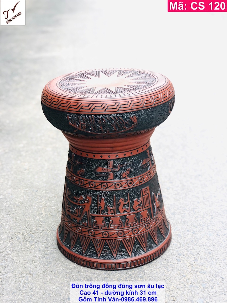 Đôn trống đồng đông sơn âu lạc, mã CS120, kê chum ngâm rượu đẹp, sang trọng, cao 41 đk 31 cm, chạm khắc hoa văn nổi 3 D tinh xảo, gốm bát tràng tinh vân