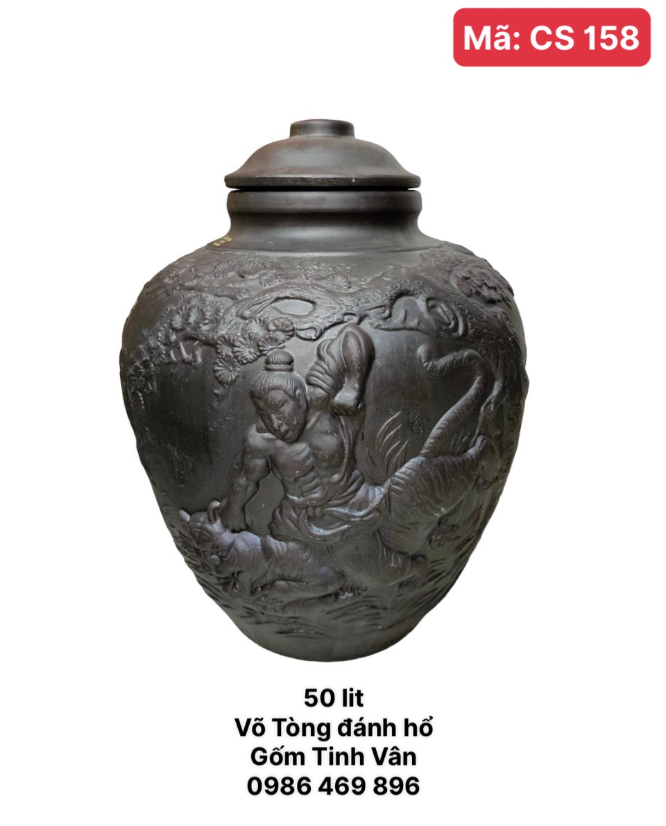 Chum sành ngâm rượu 50 lit, mã CS158, võ tòng đánh hổ đắp nổi 3D, ko men, khử độc nhanh, gốm sứ bát tràng tinh vân