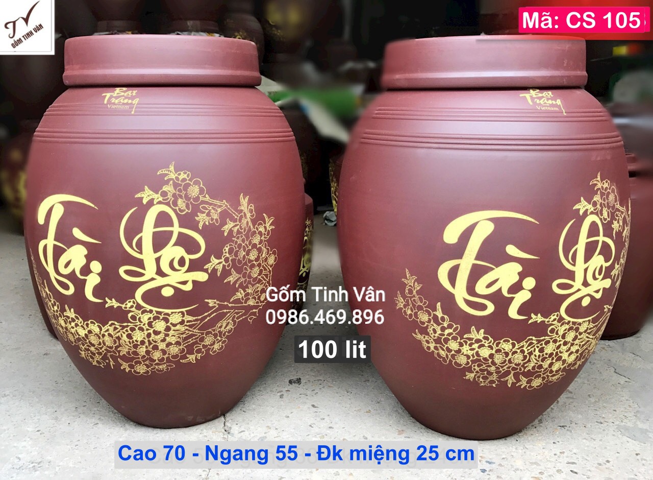 Chum gốm tư sa 100 lit, mã CS105, sành ko men, 1 nắp, tài lộc hoa đào, hũ sành ngâm rượu ngon, khử độc nhanh, khử andehit tốt, gốm sứ bát tràng tinh vân