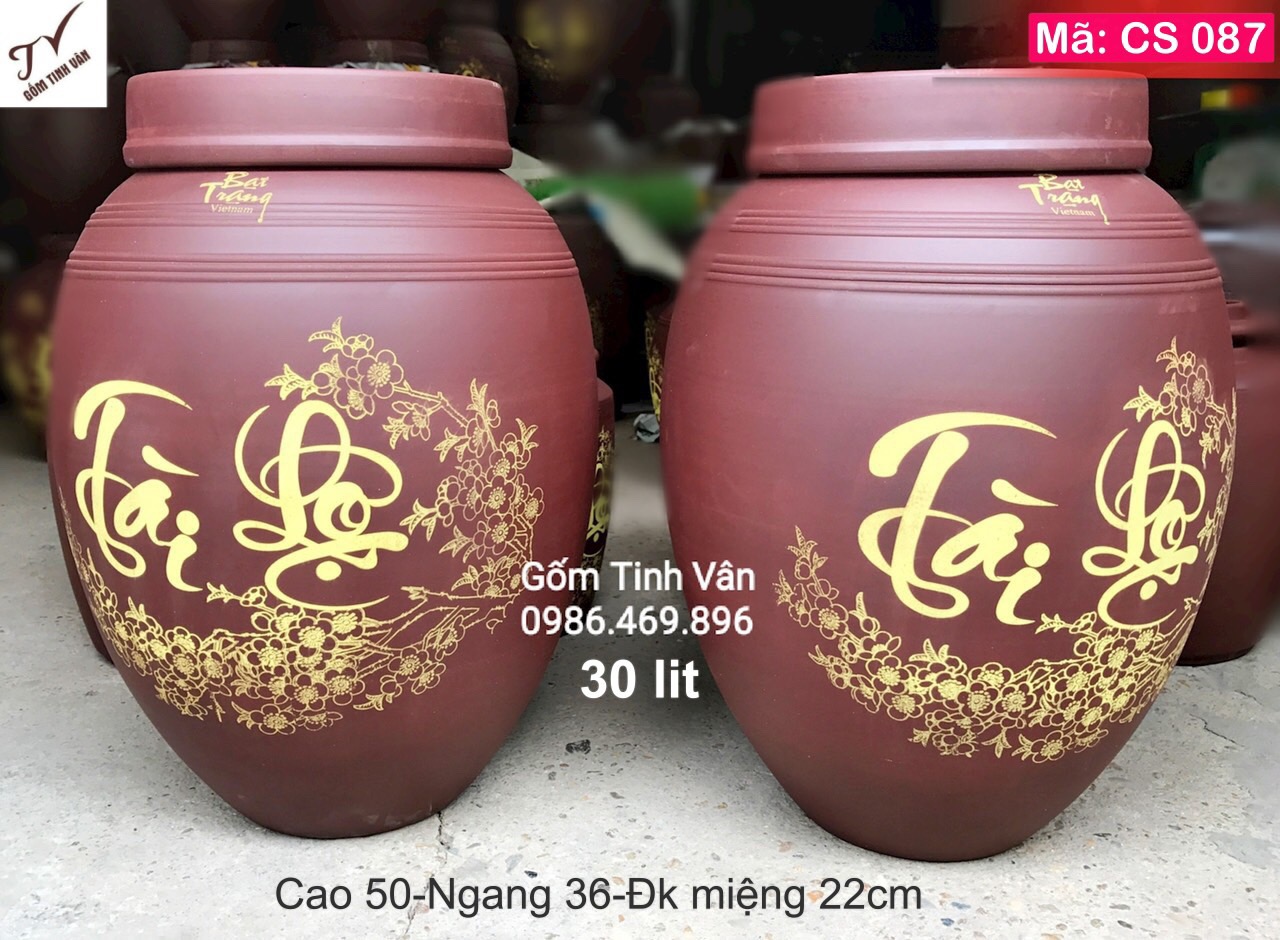 Chum sành không men 1 nắp 30 lit, mã CS087, chất liệu gốm tử sa bát tràng cao cấp, khử độc nhanh, khử andehit, ngâm rượu ngon, giá báo cho 1 chiếc, cao 50-ngang 36-đường kính miệng 22 cm, bình ngâm rượu loại tốt