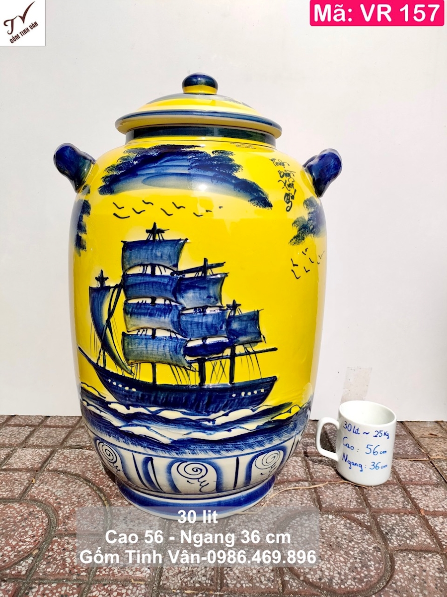 Chum sành ngâm rượu 30 lit, mã VR157, hoa văn thuận buồm xuôi gió, màu vàng, hoa văn đắp nổi 3D, bình đựng rượu đẹp, gốm sứ bát tràng tinh vân