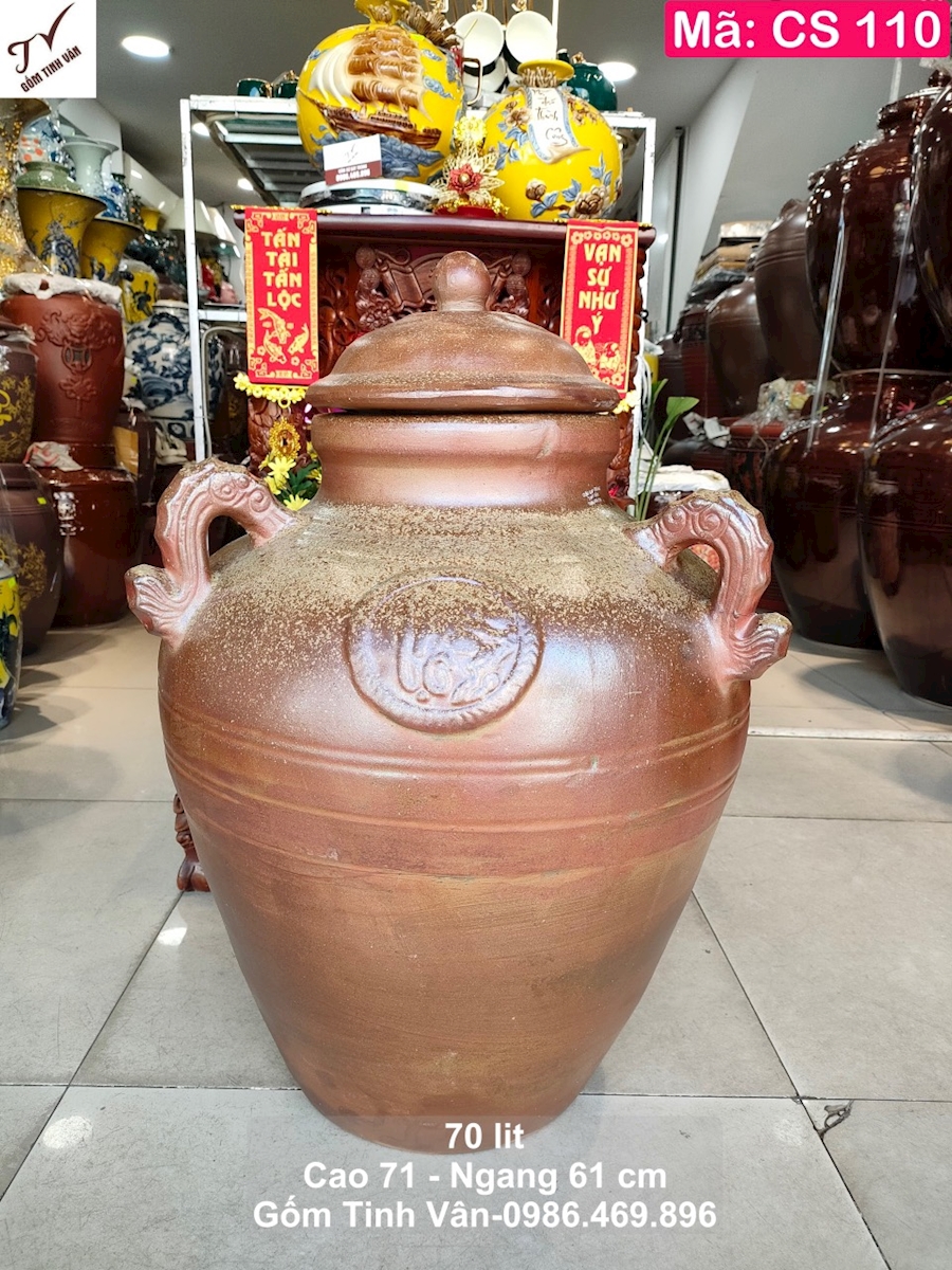Chum sành ngâm rượu ngon 70 lit, mã CS110, ko men khử độc nhanh, khử andehit tốt, 3 quai, chữ phúc lộc thọ đắp nổi 3 D, chất liệu gốm sứ bát tràng tinh vân