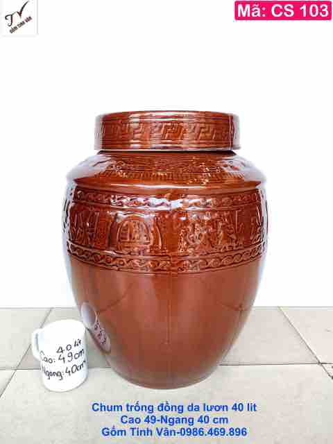 Chum sành trống đồng 40 lit, mã CS103, nâu da lươn, có 2 nắp, bình ngâm rượu đẹp, ngon, hoa văn chạm khắc nổi trống đồng đông sơn âu lạc, lạc việt, cao 49 ngang 40 cm, gốm sứ bát tràng - Tinh Vân