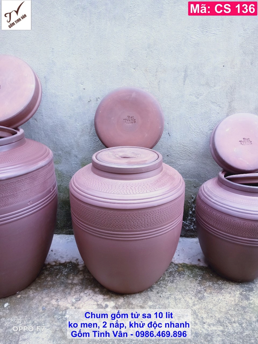 Chum gốm tử sa 10 lit, mã CS136, ko men, khử độc nhanh, 2 nắp, cao 35 cm, gốm sứ bát tràng tinh vân