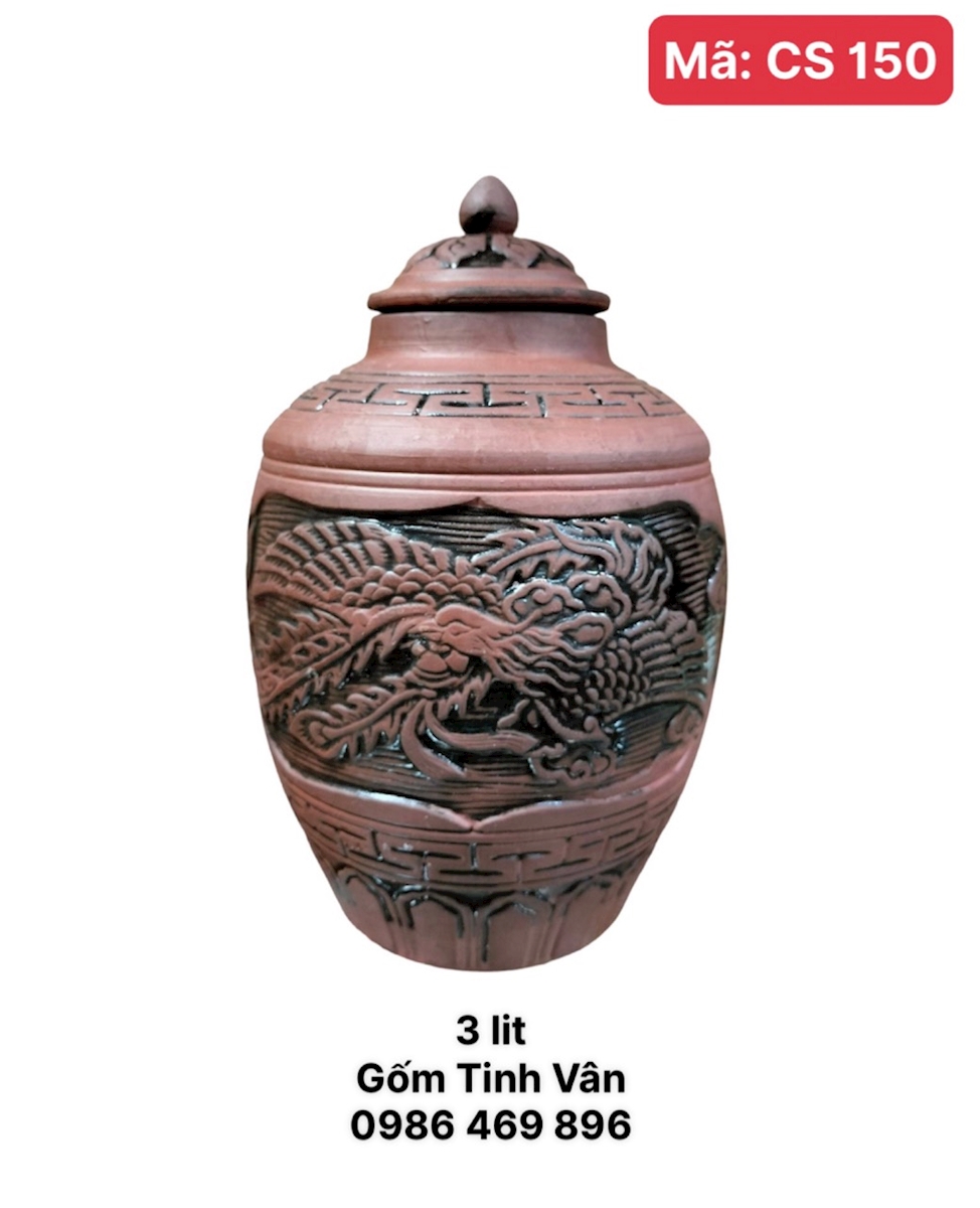 Chum sành rồng phượng 3 lit, mã CS150, hoa văn đắp nổi, ko men khử độc, gốm sứ Bát Tràng Tinh Vân
