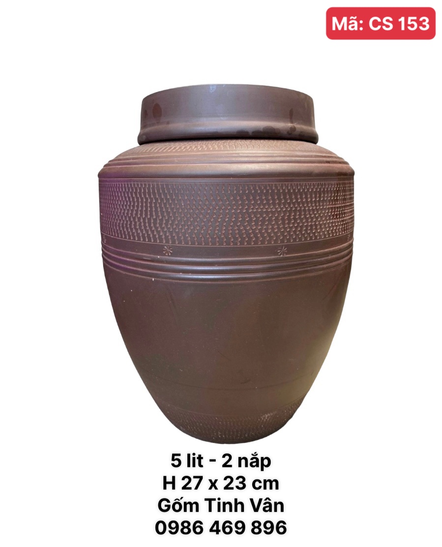 Chum gốm tử sa 5 lit, mã CS153, ko men, 2 nắp, khử độc nhanh, gốm sứ Bát Tràng Tinh Vân