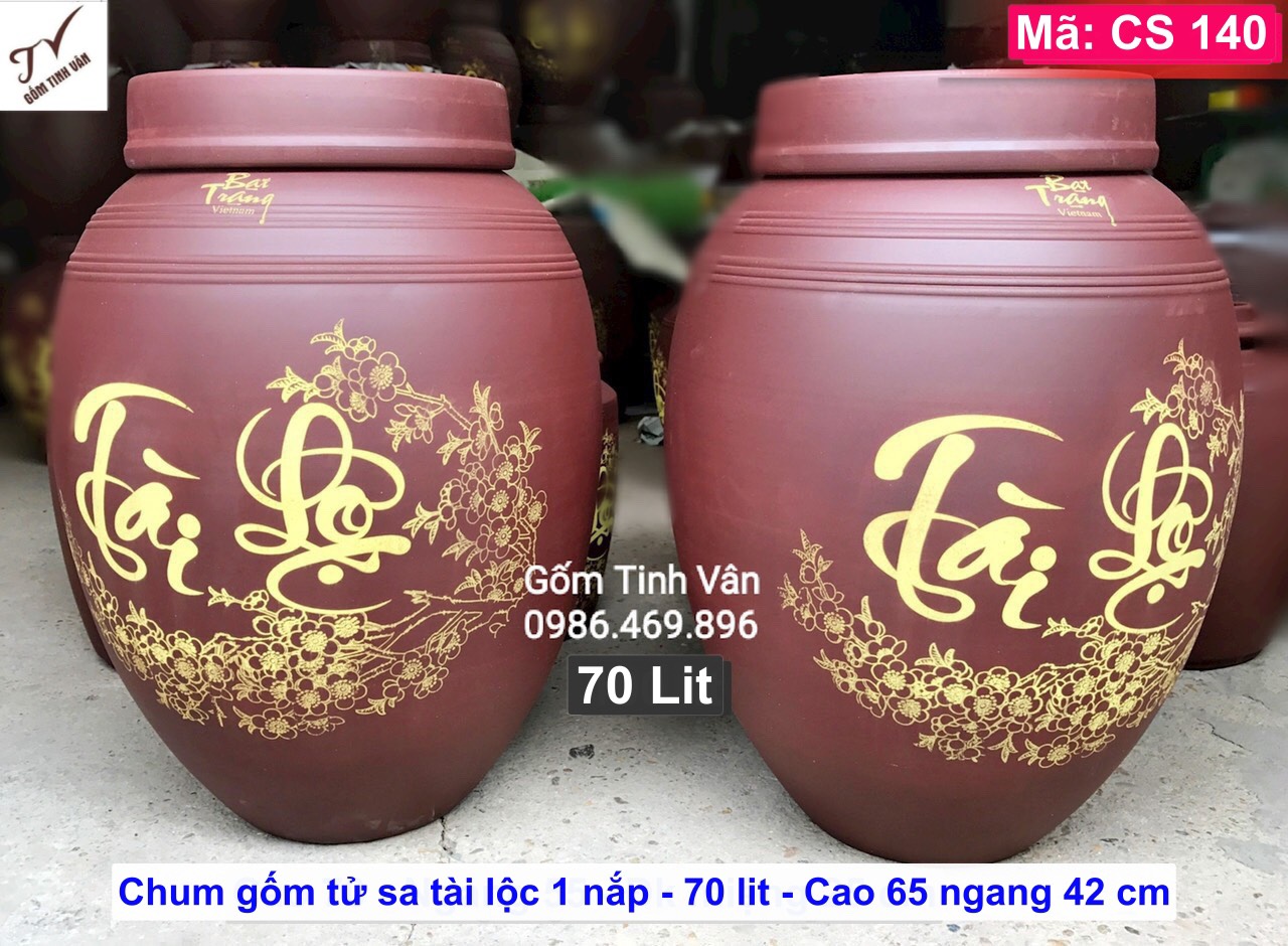Chum sành ko men 70 lit, tài lộc, 1 nắp, mã CS140, gốm tử sa bát tràng, khử độc, khử andehit, gốm tinh vân