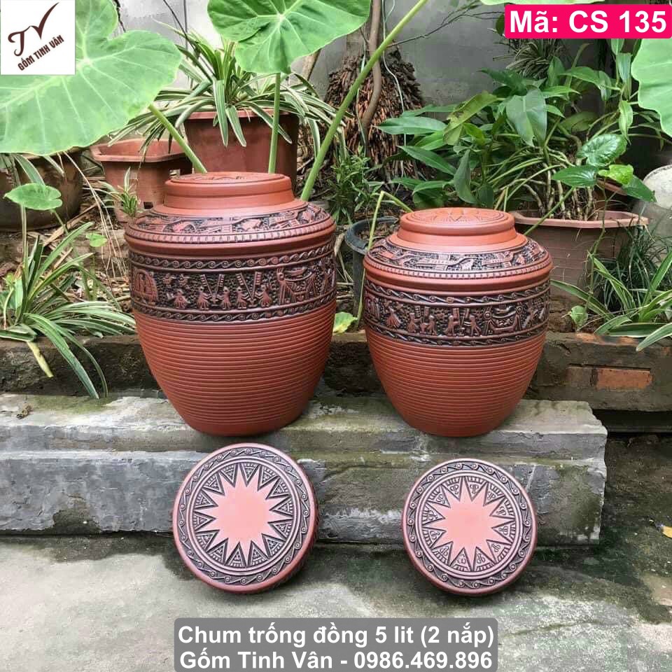 Chum trống đồng 5 lit, mã CS135, ko men,, khử độc nhanh, có 2 nắp kín, hoa văn chạm khắc tinh xảo, gốm sứ bát tràng tinh vân