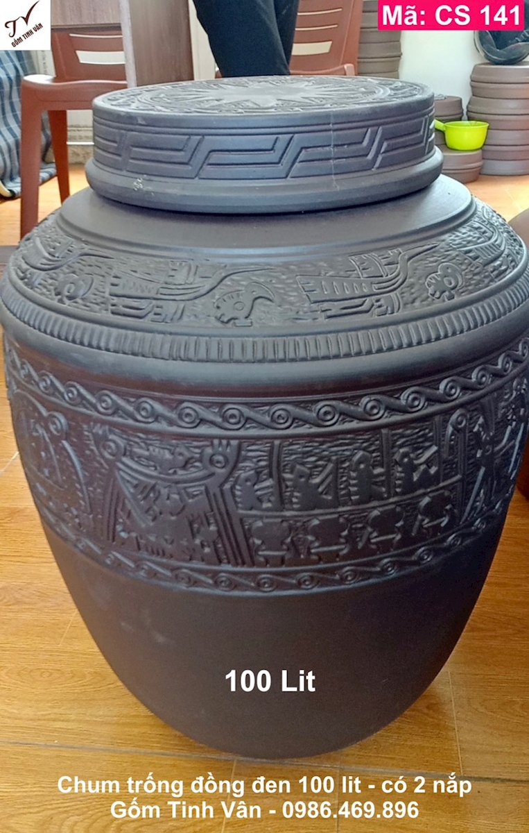 Chum trống đồng đen 100 lit, mã CS141, có 2 nắp, cao 70 cm, ko men, khử độc, khử andehit, gốm sứ bát tràng tinh vân