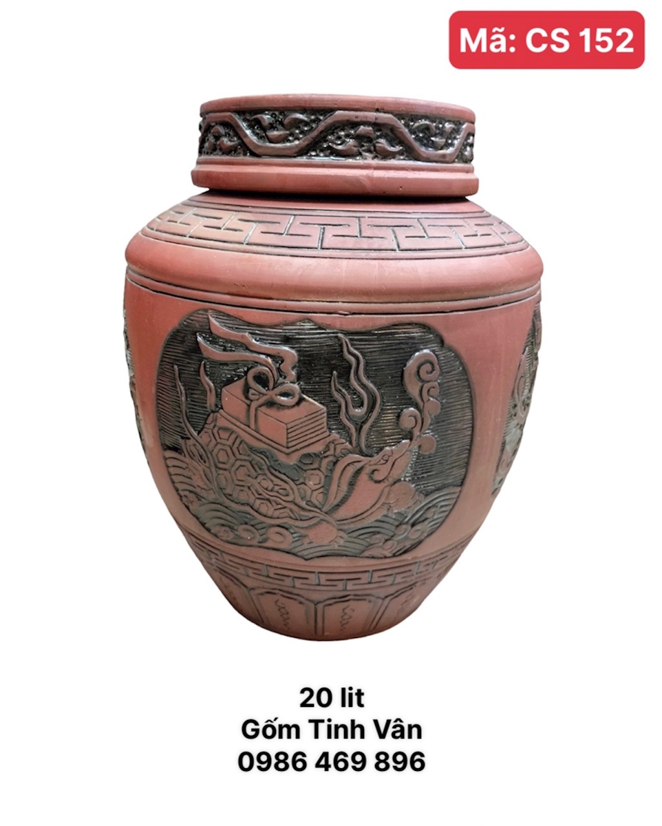 Chum gốm tử sa tứ linh, 20 lit, mã CS152, có 2 nắp, ko men khử độc nhanh, hoa văn đắp nổi 3D, gốm sứ Bát Tràng Tinh Vân