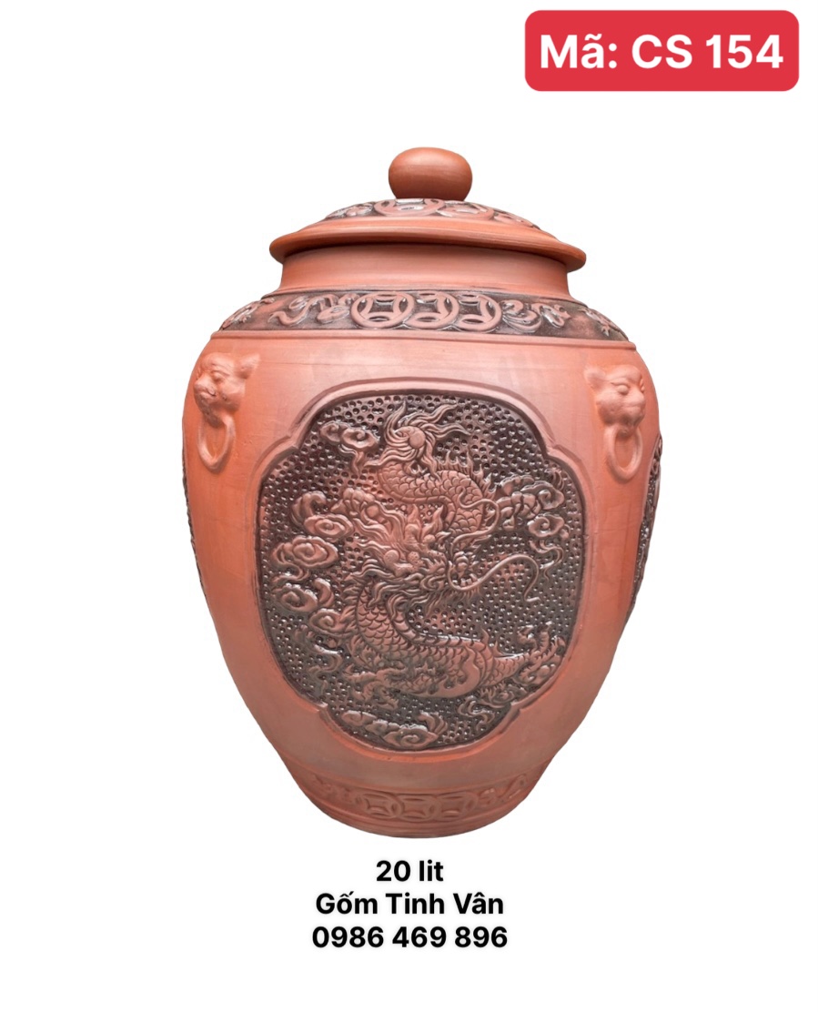Chum tứ linh 20 lit, mã CS154, hoa văn đắp nổi long ly quy phụng, gốm tử sa ko men, gốm sứ bát tràng tinh vân