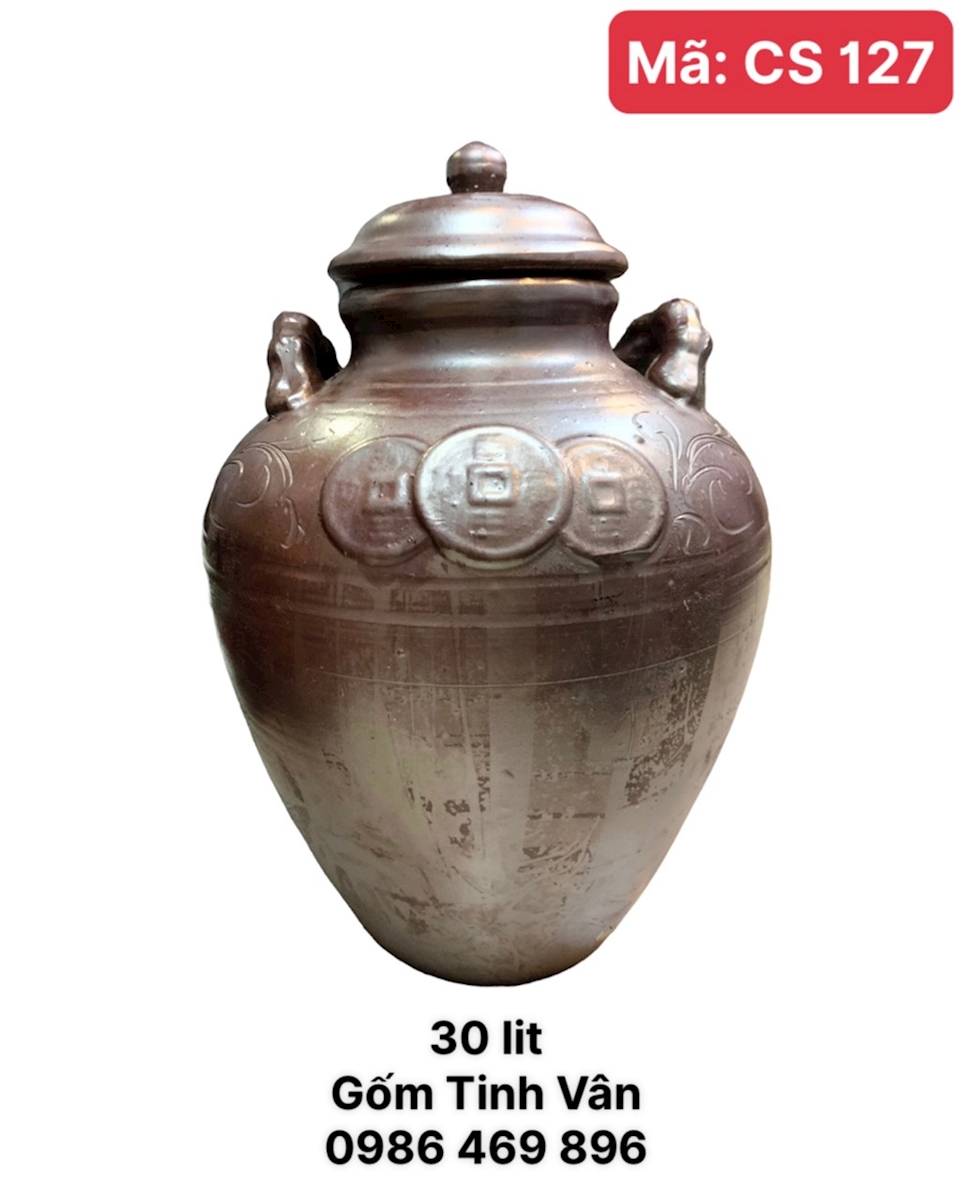 Chum sành ngâm rượu 30 lit, mã CS127, bình rượu 2 quai, tài lộc, khử độc, gốm Bát Tràng Tinh Vân