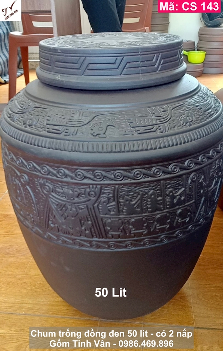 Chum trống đồng đen 50 lit, mã CS143, ko men khử độc nhanh, khử andehit, 2 nắp kín, gốm sứ bát tràng tinh vân
