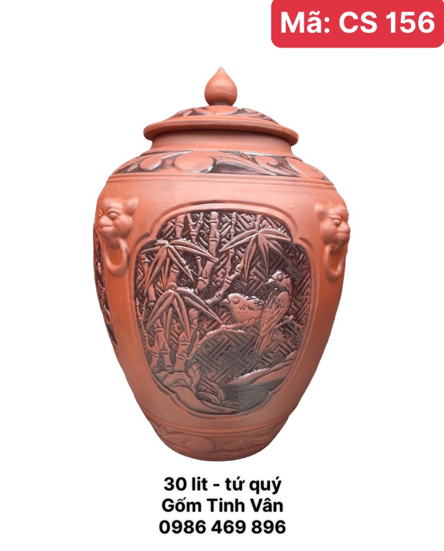 Chum sành ngâm rượu tứ quý 30 lit, mã CS156, hoa văn đắp nổi tùng trúc cúc mai, gốm tử sa bát tràng tinh vân, ko men khử độc