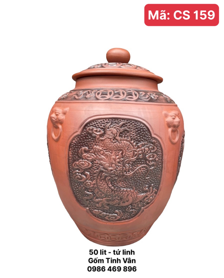Bình gốm ngâm rượu tứ linh, 50 lit, mã CS159, đắp nổi 3D, gốm sứ Bát Tràng Tinh Vân