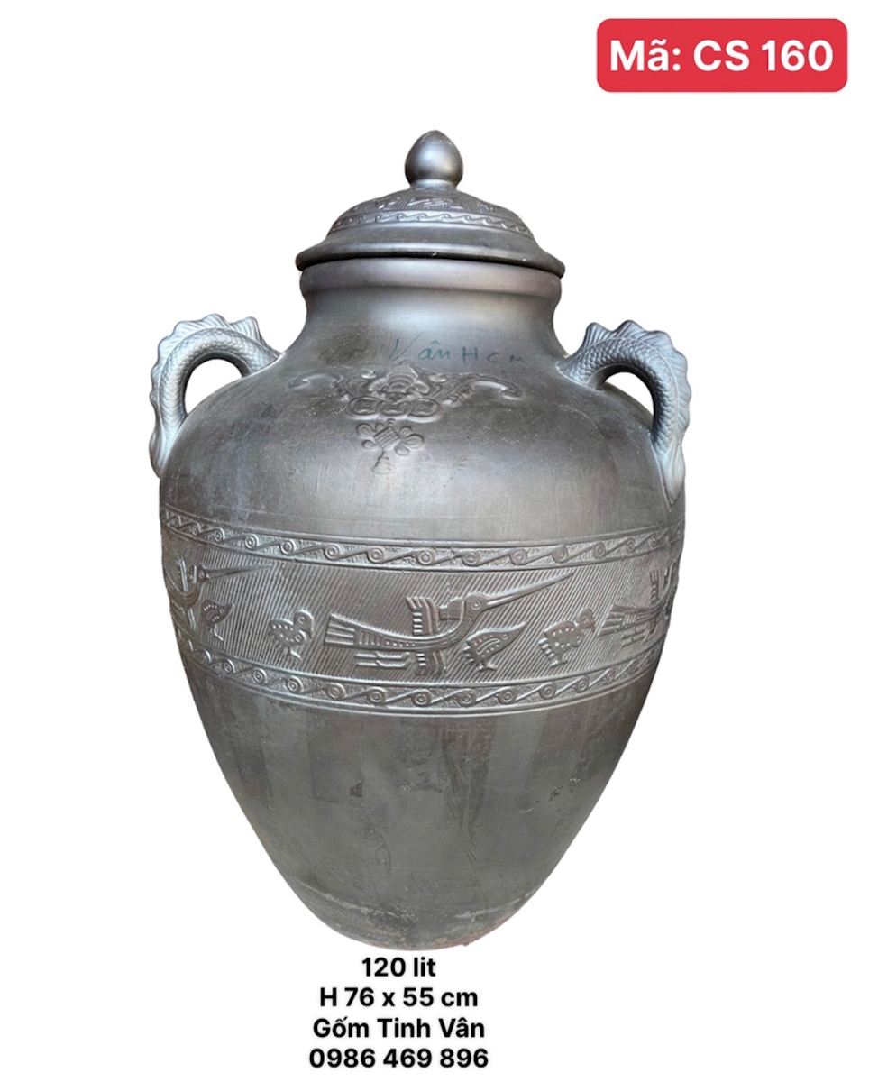 Chum sành ngâm rượu 120 lit, mã CS160, viền chim hạc đắp nổi 3D, ko men, khử độc nhanh, gốm Bát Tràng Tinh Vân