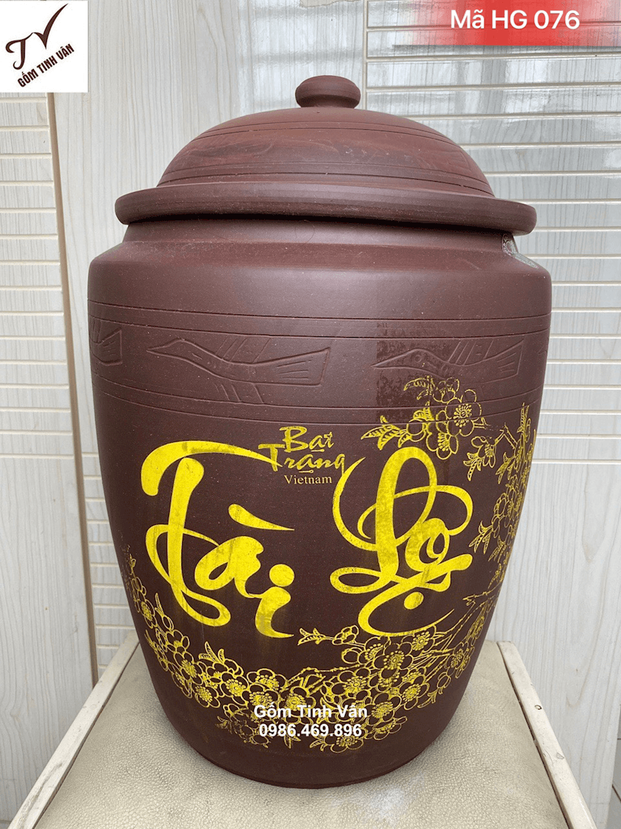 Hũ gạo phong thuỷ, gốm tử sa nắp núm, đựng 20 kg gạo, mã HG076, cao 55 đk 42 cm, giữ khô gạo, làm mát gạo, đựng gạo ngon, không mối mọt, gốm bát tràng cao cấp