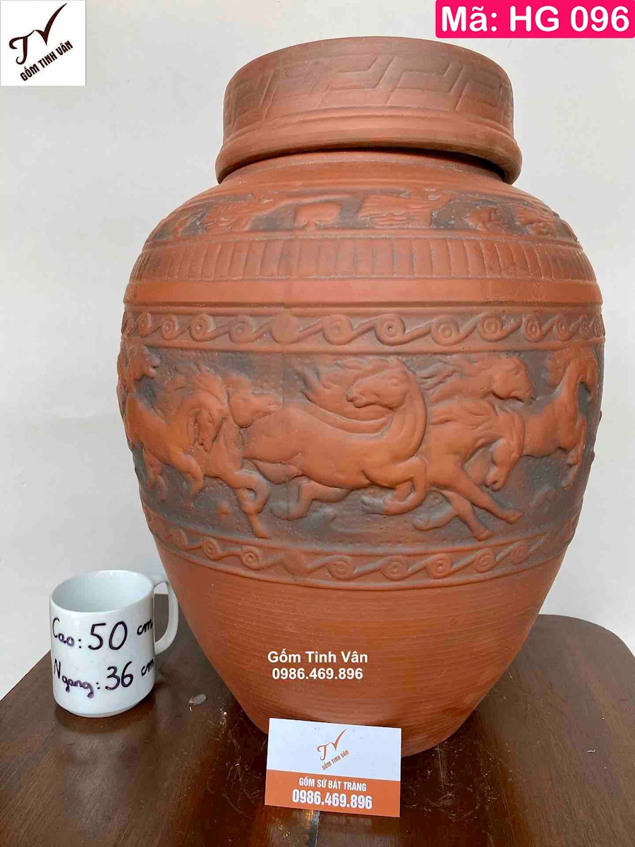 Hũ gạo gốm tử sa mã đáo thành công, mã HG096, đựng 25 kg, cao 50 đk 36 cm, 2 nắp kín, ko mối mọt, đựng gạo ngon, ý nghĩa phong thuỷ, chum chạm khắc hoa văn nổi, gốm tử sa bát tràng cao cấp