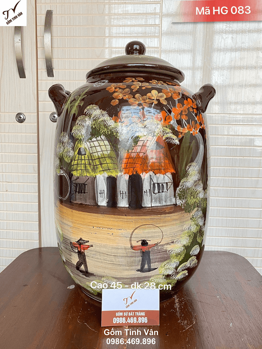 Hũ gạo men nâu 18 kg, hoa văn vẽ tay cảnh đồng quê, đựng gạo ngon, không mối mọt, ẩm mốc, giữ khô gạo, làm mát gạo, kích thước cao 45 đk 28 cm, gốm bát tràng cao cấp