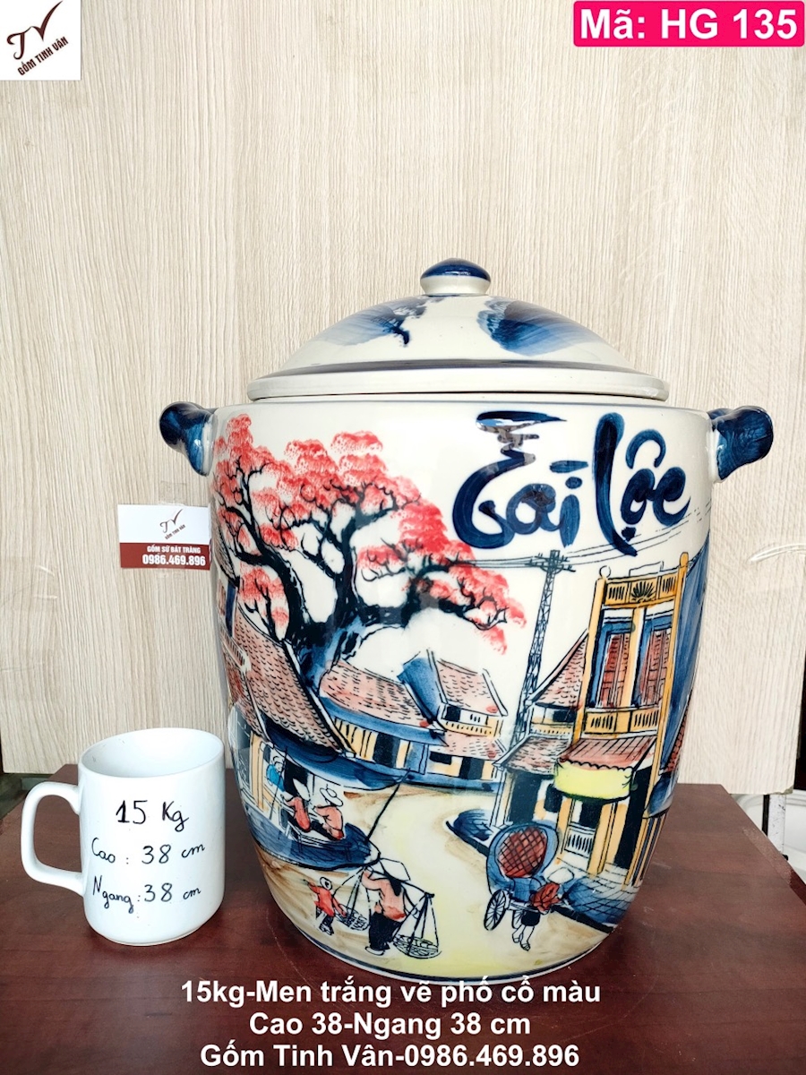 Hũ gạo men trắng 15 ký, mã HG135, hoa văn phố cổ vẽ tay, khạp sành đựng gạo phong thuỷ, chống mối mọt, ẩm mốc, cao 38 ngang 38 cm, gốm sứ bát tràng tinh vân