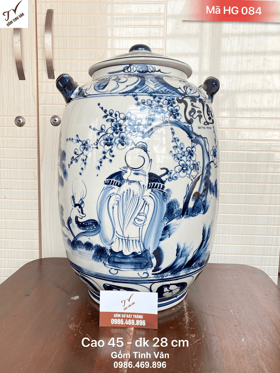 Hũ gạo men trắng xanh 18 kg, mã HG084, hoa văn cảnh đào thọ, đựng gạo ngon, không mối mọt, ẩm mốc, giữ khô gạo, làm mát gạo, kích thước cao 45 đk 28 cm, gốm bát tràng cao cấp