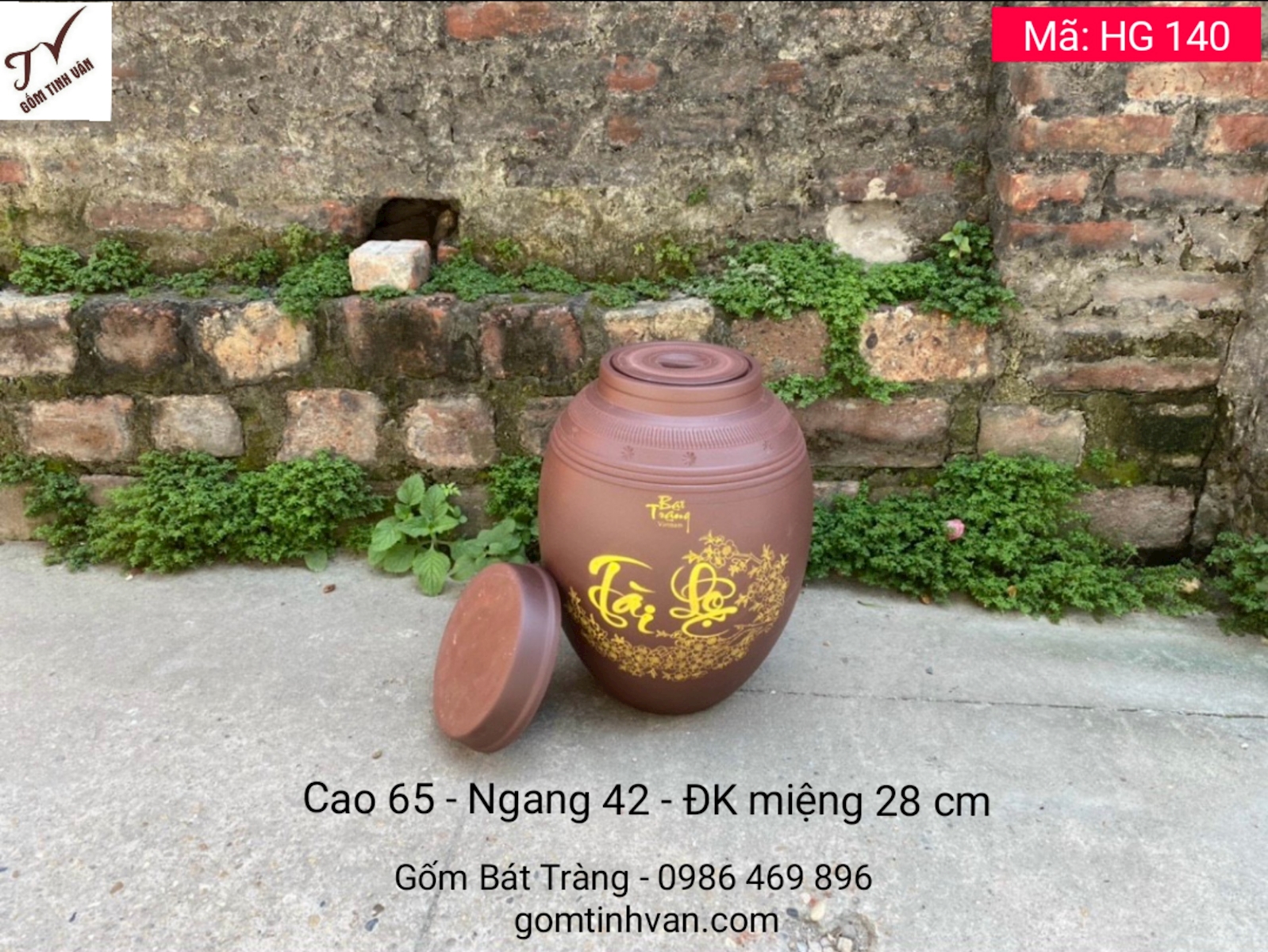 Hũ gạo phong thủy tài lộc hoa đào 65 kg, mã HG140, có 2 nắp kín, chống mối mọt, chất liệu sành ko men giữ khô gạo chống ẩm mốc, cao 65, ngang bụng 42, đường kính miệng 28 cm, kiến gián, lu, chum, khạp đựng gạo, gốm Bát Tràng Tinh Vân