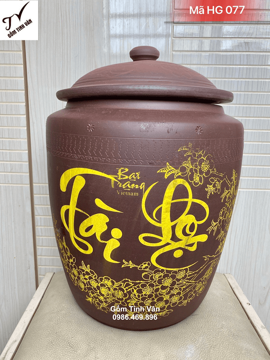 Hũ gạo phong thuỷ, gốm tử sa nắp núm, đựng 15 kg gạo, mã HG077, cao 45 đk 38 cm, giữ khô gạo, làm mát gạo, đựng gạo ngon, không mối mọt, gốm bát tràng cao cấp