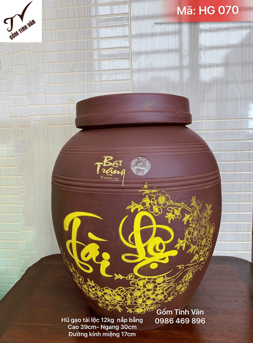 Hũ gạo tài lộc 12kg, mã HG070, gốm tử sa nắp bằng, cao 39 ngang 30 cm, đk miệng 17 cm, gốm bát tràng, tinh vân
