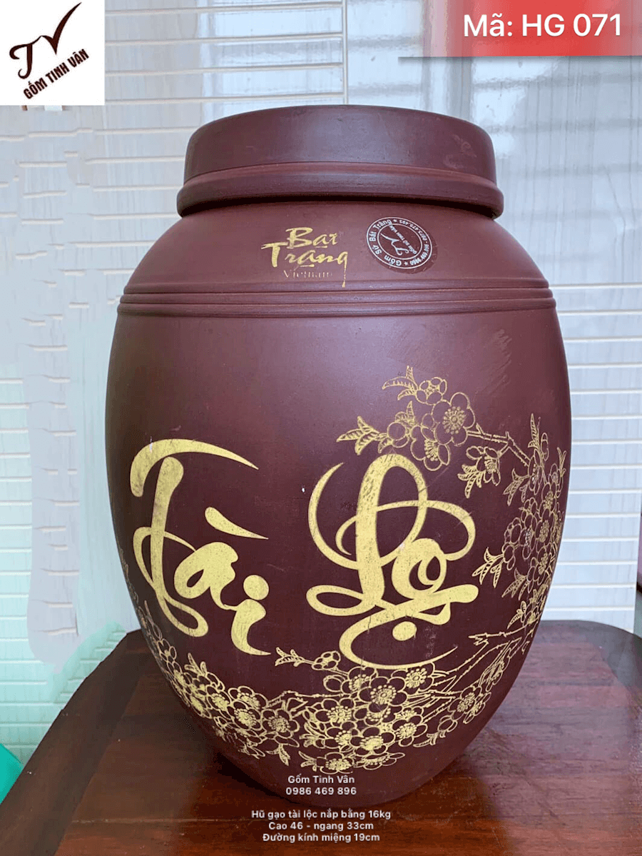 Hũ gạo tài lộc 16kg, mã HG071, gốm tử sa nắp bằng, cao 46 ngang 33 cm, đk miệng 19 cm, gốm bát tràng, tinh vân