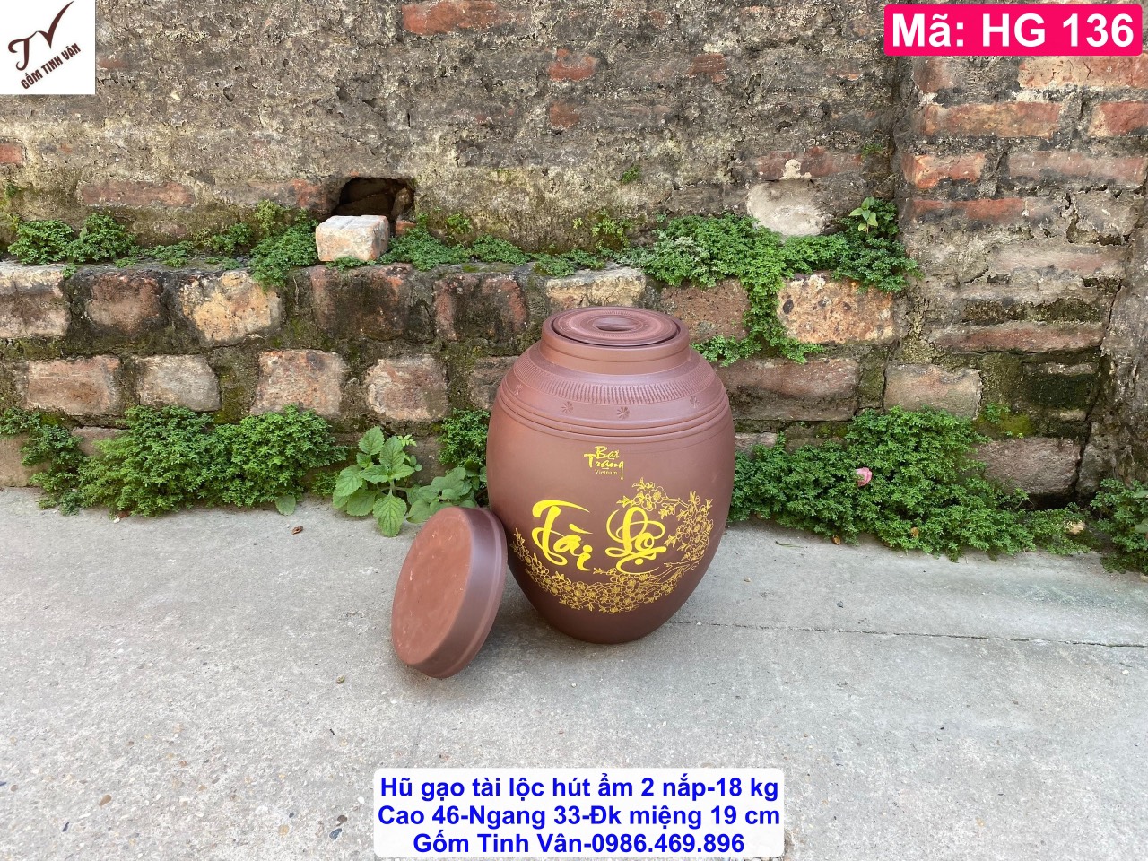 Hũ gạo tài lộc 18 kg, có 2 nắp, mã HG136, chất liệu gốm tử sa ko men, hút ẩm, giữ khô gạo, làm mát gạo, chống mối mọt, giữ gạo luôn tươi ngon, hũ gạo phong thủy, khạp đựng gạo, chum sành đựng gạo, gốm sứ bát tràng tinh vân