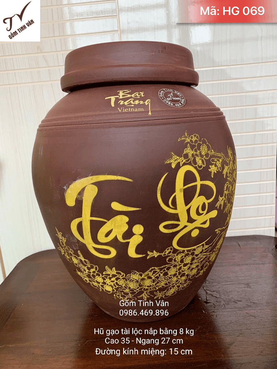 Hũ gạo tài lộc 8kg, mã HG069, gốm tử sa nắp bằng, cao 35 ngang 27 cm, đk miệng 15 cm, gốm bát tràng, tinh vân