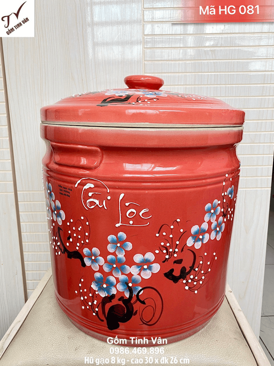 Hũ gạo tài lộc men đỏ hoa đào trắng, mã HG081, cao 30 đk 26 cm, đựng 8 kg, hũ gạo phong thuỷ, đựng gạo ngon, sạch sẽ, không ẩm mốc, mối mọt, gốm bát tràng cao cấp